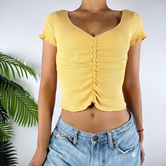 Womens Vintage Y2K Style Yellow Casual Short Sleeve Ribbed Ruched Crop Top / S - Picture 1 of 7